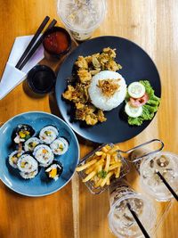 High angle view of food served on table