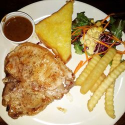 High angle view of food served in plate