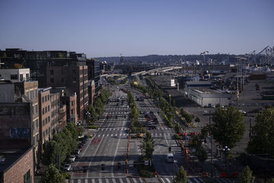 High angle view of cityscape against clear sky