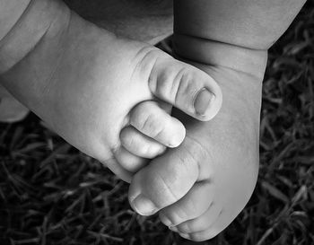 Low section of baby on grassy land