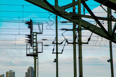 Low angle view of electricity pylon against sky