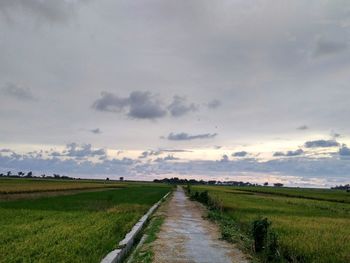 Dirt road amidst field against sky