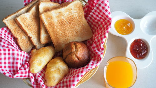 High angle view of breakfast served on table