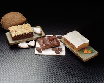 High angle view of food on table against black background