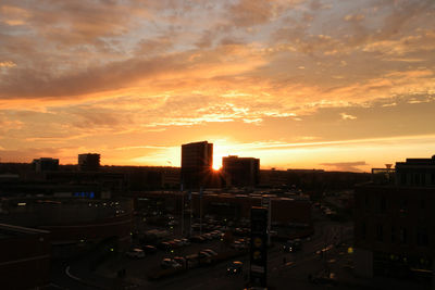 High angle view of cityscape against sky during sunset