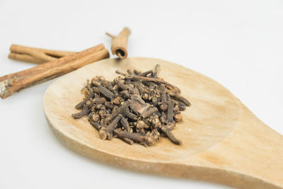 Close-up of bread on table against white background