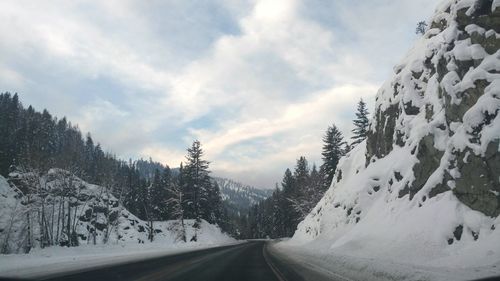 Road amidst trees against sky during winter