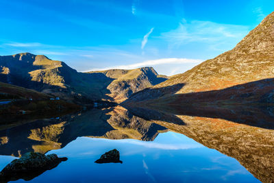 Reflections of mountains in clear lakes in snowdonia national park, north wales, uk