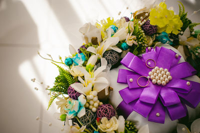 High angle view of multi colored flowers on table