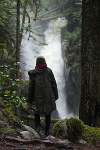 Rear view of woman looking at waterfall in forest