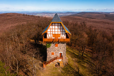 Aerial view of the famous sasberc lookout tower which is the highest point of cserhat mountain.