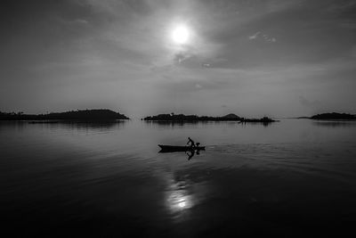 Silhouette person in lake against sky
