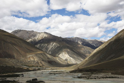 Scenic view of lake by mountains against sky