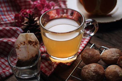 Close-up of coffee and glass on table