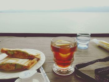 Close-up of drink served on table