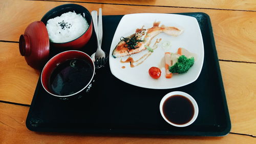 High angle view of meal served on table