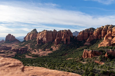 Rock formations on landscape against cloudy sky