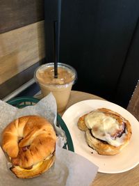 High angle view of breakfast served on table