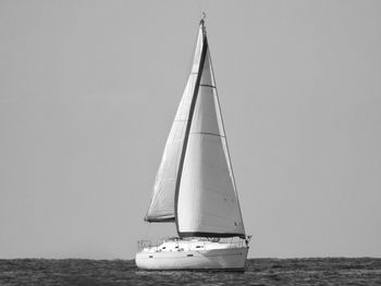 Sailboat sailing on sea against clear sky