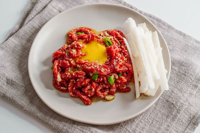 High angle view of breakfast served in plate