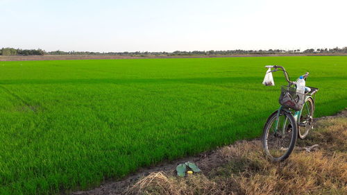 Bicycle on field against clear sky