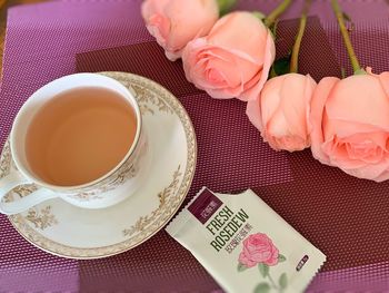 High angle view of tea served on table