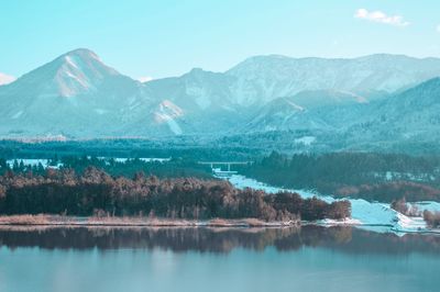 Scenic view of lake and mountains against sky