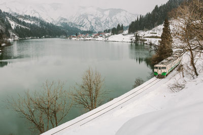 Scenic view of lake by snowcapped mountains