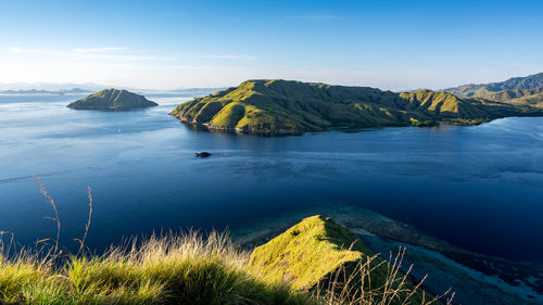 Scenic view of sea and mountains against sky