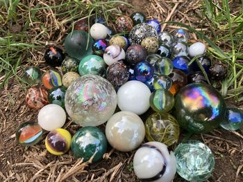 High angle view of multi colored eggs