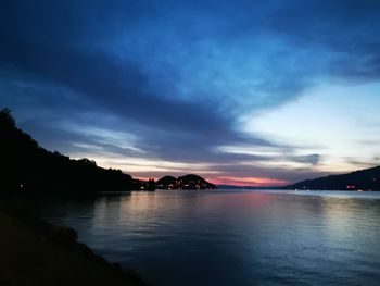 Scenic view of lake against sky at sunset