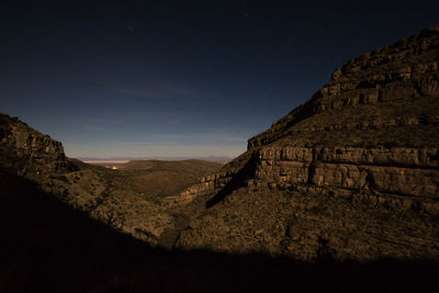 Scenic view of mountains against sky at night
