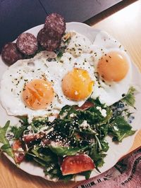 High angle view of breakfast served on table