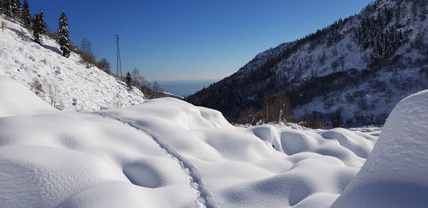 Snow covered mountains against clear sky