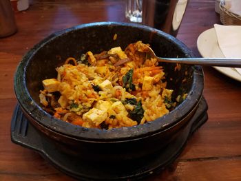 High angle view of food in bowl on table