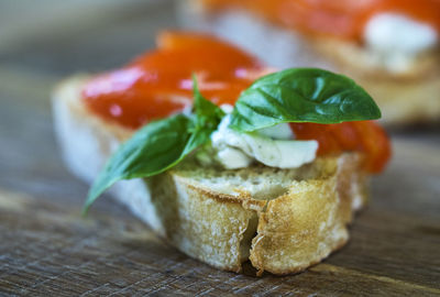 Close-up of bruschetta with bell pepper and feta cheese