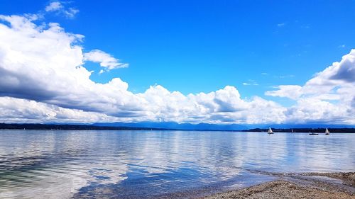 Scenic view of sea against blue sky