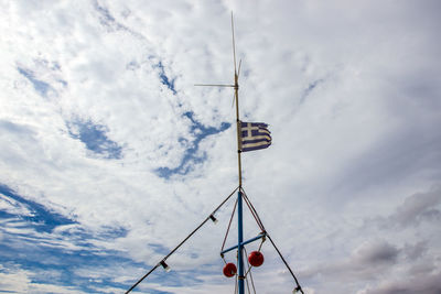 Low angle view of flags hanging against sky