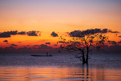 Silhouette tree by sea against orange sky