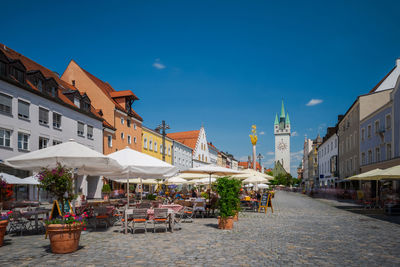 Potted plants on street by buildings against blue sky