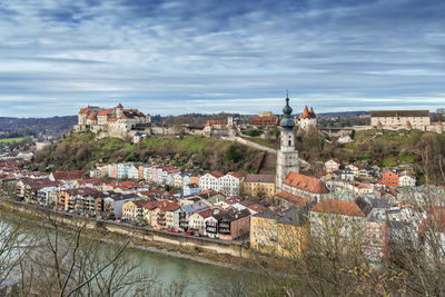 View of burghausen from the hill across salzach river, upper bavaria, germany