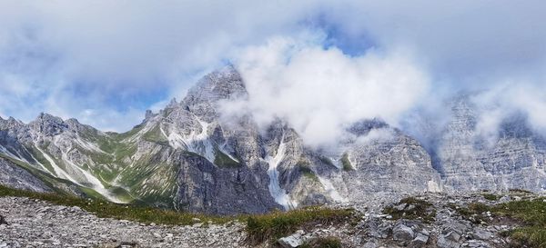Panoramic view of snowcapped mountains against sky