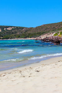 Scenic view of beach against clear blue sky