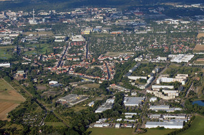 High angle view of city buildings