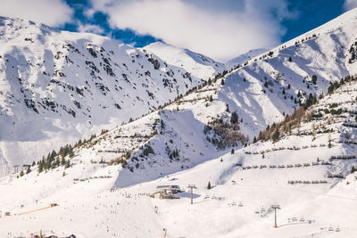 Aerial view of snowcapped mountains against sky