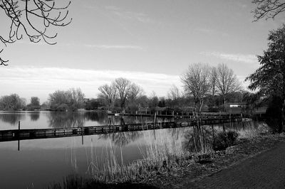 Reflection of bare trees in lake against sky