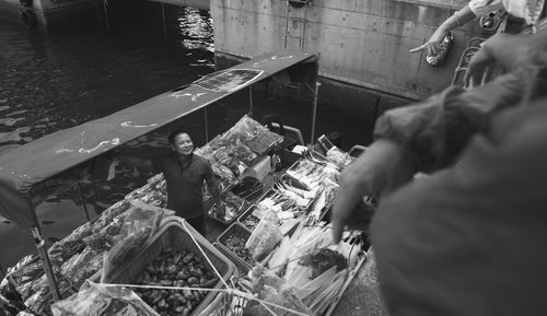 High angle view of people working at market