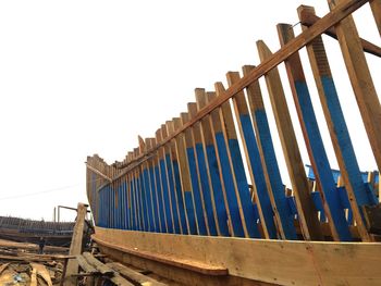 Low angle view of railing against clear blue sky