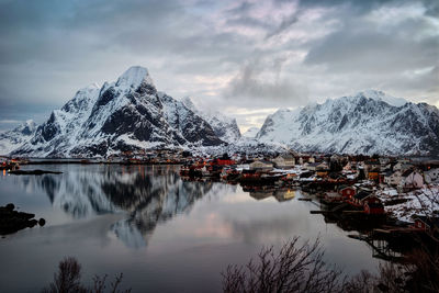 Scenic view of snowcapped mountains and lake against sky