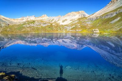 Scenic view of lake and mountains against clear blue sky